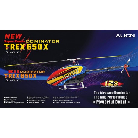 Kit hélicoptère radio commandé électrique Align T-REX 650X Dominator Super Combo 12S (RH65E01XT)